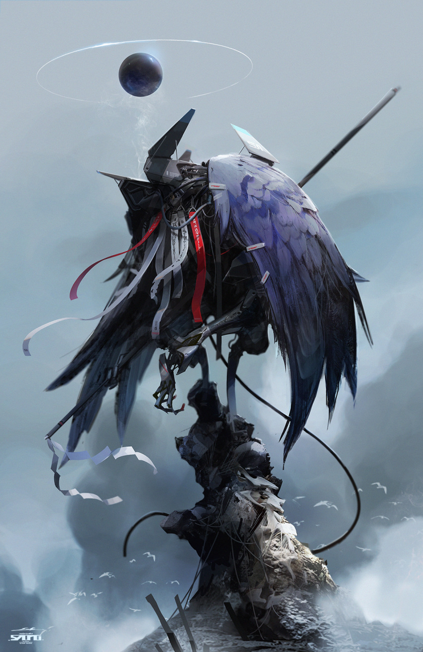 bird_legs esuthio halo highres holding hunched_over looking_up no_humans open_hand orb original realistic robot science_fiction sky standing wings
