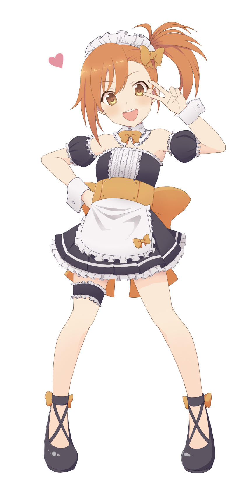1girl :d absurdres alternate_costume detached_collar detached_sleeves durandal_(kei) enmaided frills full_body hand_on_hip heart highres maid maid_headdress misogi_(princess_connect!) open_mouth orange_hair princess_connect! princess_connect!_re:dive puffy_short_sleeves puffy_sleeves short_sleeves side_ponytail smile solo strapless v_over_eye white_background wrist_cuffs yellow_eyes