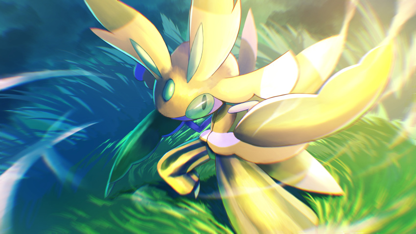 absurdres alternate_color blurry commentary gen_7_pokemon grass green_eyes higa-tsubasa highres legs_apart looking_up lurantis no_humans pokemon pokemon_(creature) shiny shiny_pokemon solo standing