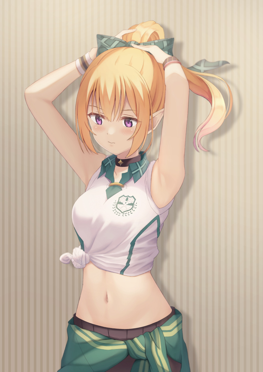 1girl absurdres armpits bangs bare_shoulders black_choker black_shorts blonde_hair blush bow breasts chloe_(princess_connect!) choker closed_mouth clothes_around_waist collarbone collared_shirt commentary cowboy_shot drop_shadow eyebrows_visible_through_hair green_bow groin gym_uniform hair_between_eyes hair_bow high_ponytail highres jacket jacket_around_waist long_hair looking_down medium_breasts midriff mimori_(mimori_05) navel official_alternate_costume plaid plaid_bow pointy_ears princess_connect! princess_connect!_re:dive shirt shorts sidelocks sleeves_rolled_up solo standing striped striped_background tied_shirt tying_hair violet_eyes white_shirt wristband