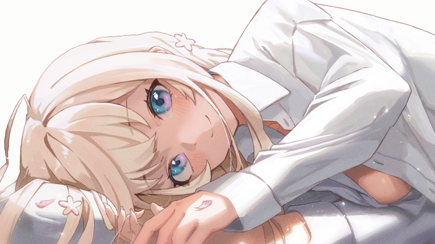 1girl bangs blonde_hair blue_eyes blush breasts closed_mouth collared_shirt commentary_request dress_shirt eyebrows_visible_through_hair flat_chest highres long_hair long_sleeves looking_at_viewer lying medium_breasts no_bra on_side open_clothes open_shirt original pillow shirt smile solo sooon unbuttoned unbuttoned_shirt upper_body white_shirt