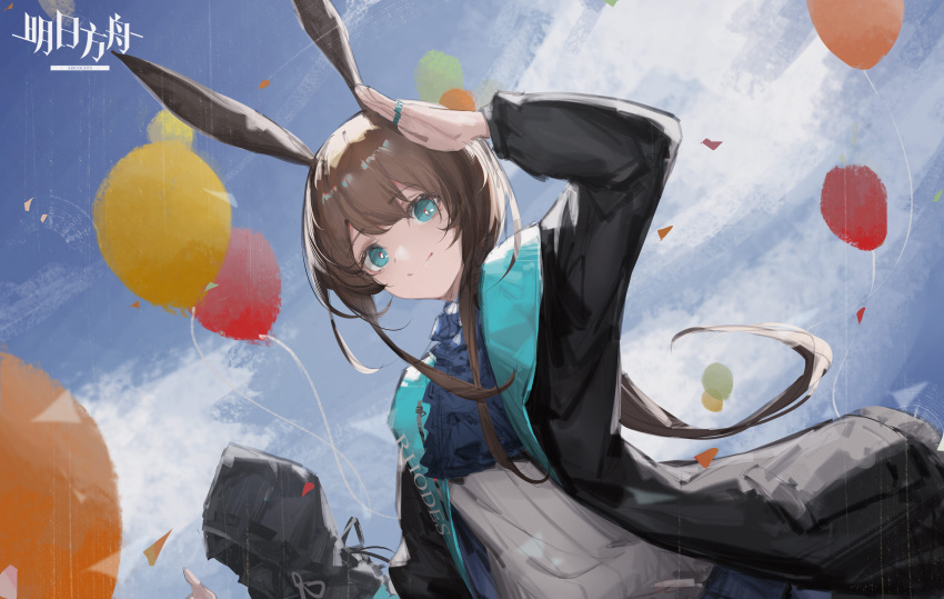 1girl 1other absurdres amiya_(arknights) anhao1224 animal_ears arknights arm_up ascot balloon bangs black_coat blue_eyes blue_neckwear blue_sky blush brown_hair closed_mouth clothing_cutout coat commentary_request copyright_name day doctor_(arknights) eyebrows_visible_through_hair highres hood hood_up long_sleeves looking_at_viewer low_ponytail mask multiple_rings open_clothes open_coat outdoors rabbit_ears salute shirt sidelocks sky smile white_shirt