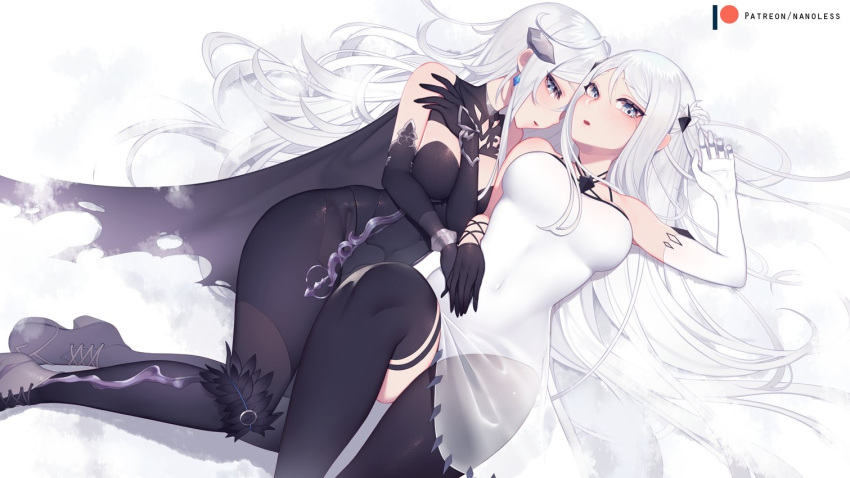 2girls bed_sheet black_dress black_gloves black_legwear breasts china_dress chinese_clothes copyright_request covered_navel dress elbow_gloves gloves long_hair looking_at_viewer lying medium_breasts multiple_girls nanoless navel nipples on_back patreon_username thigh-highs underwear underwear_only very_long_hair white_eyes white_gloves white_hair