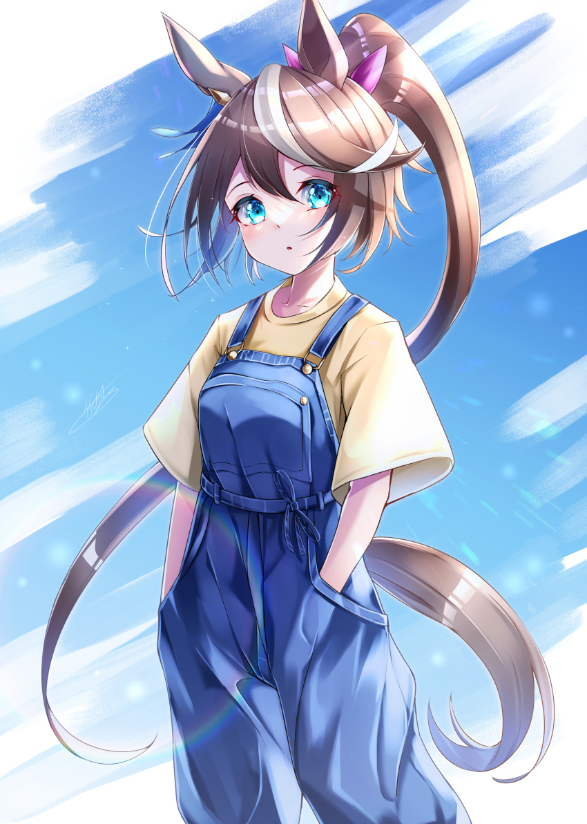 1girl :o absurdres animal_ears bangs blue_eyes blue_overalls blush breasts brown_hair collarbone commentary_request eyebrows_visible_through_hair hair_between_eyes hands_in_pockets highres horse_ears horse_girl horse_tail long_hair looking_at_viewer multicolored_hair ponytail shirt signature solo standing streaked_hair tail takemura_kou tokai_teio_(umamusume) umamusume white_hair yellow_shirt
