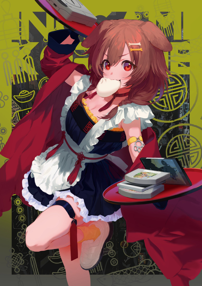 1girl absurdres animal_ears bangs black_dress bone_hair_ornament brown_hair dog_ears dress food_in_mouth foot_out_of_frame frilled_dress frills game_cartridge hair_ornament hairclip highres hololive inugami_korone jacket leg_up long_hair muraichi red_eyes red_jacket shoes solo tray white_footwear