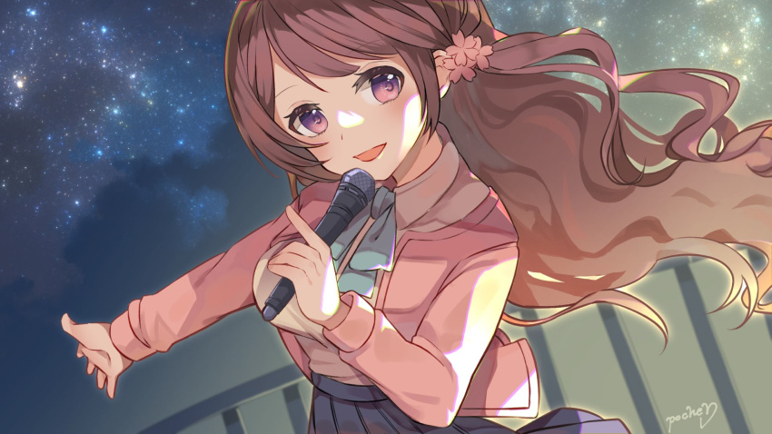 1girl beige_shirt blue_skirt breasts brown_hair cardigan collared_shirt commission floating_hair flower hair_flower hair_ornament heart highres holding holding_microphone indie_virtual_youtuber long_hair looking_to_the_side medium_breasts microphone mukatsukupochi music nina_saotome pink_cardigan pink_flower shirt shirt_tucked_in singing skeb_commission skirt sky smile solo star_(sky) starry_sky virtual_youtuber