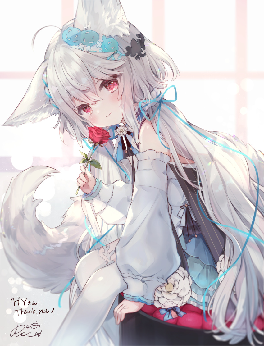 1girl absurdres ahoge animal_ear_fluff animal_ears bangs blush commentary_request commission detached_sleeves dress eyebrows_visible_through_hair flower flower_to_mouth fox_ears fox_tail hair_between_eyes hair_ornament hair_ribbon highres long_hair long_sleeves looking_at_viewer original puffy_long_sleeves puffy_sleeves red_eyes red_flower red_rose ribbon rose rukako sakurada_shiro signature simple_background sitting skeb_commission smile solo tail thigh-highs white_hair white_legwear