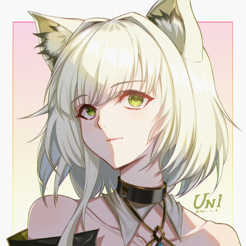 1girl absurdres animal_ear_fluff arknights bare_shoulders black_choker choker commentary_request criss-cross_halter green_eyes hair_intakes halterneck highres kal'tsit_(arknights) looking_at_viewer lynx_ears portrait short_hair silver_hair solo unique_(pixiv12704744)