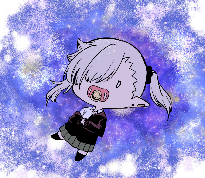 0_0 1girl bangs black_jacket black_legwear black_scrunchie chibi collared_shirt dress_shirt ear_piercing grey_skirt hair_ornament hair_over_one_eye hair_scrunchie hands_together highres jacket long_sleeves nikki_kyousuke off_shoulder original own_hands_together pacifier piercing pleated_skirt pointy_ears scrunchie shirt side_ponytail signature skirt socks solo white_shirt