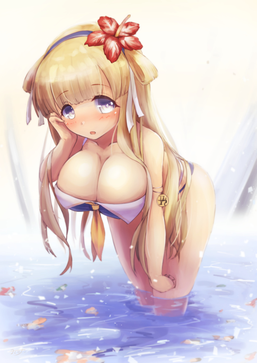 1girl adapted_costume bikini blonde_hair blue_bikini blue_hairband breasts commentary_request double_bun fletcher_(kancolle) flower hair_flower hair_ornament hairband hibiscus highres kantai_collection large_breasts leaning_forward long_hair looking_at_viewer soaking_feet solo standing swimsuit violet_eyes water yomitsuna