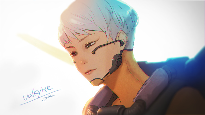 1girl apex_legends artist_name asian black_eyes bodysuit character_name from_side hair_behind_ear headset highres looking_ahead short_hair silver_hair solo tamtam upper_body valkyrie_(apex_legends) yellow_bodysuit