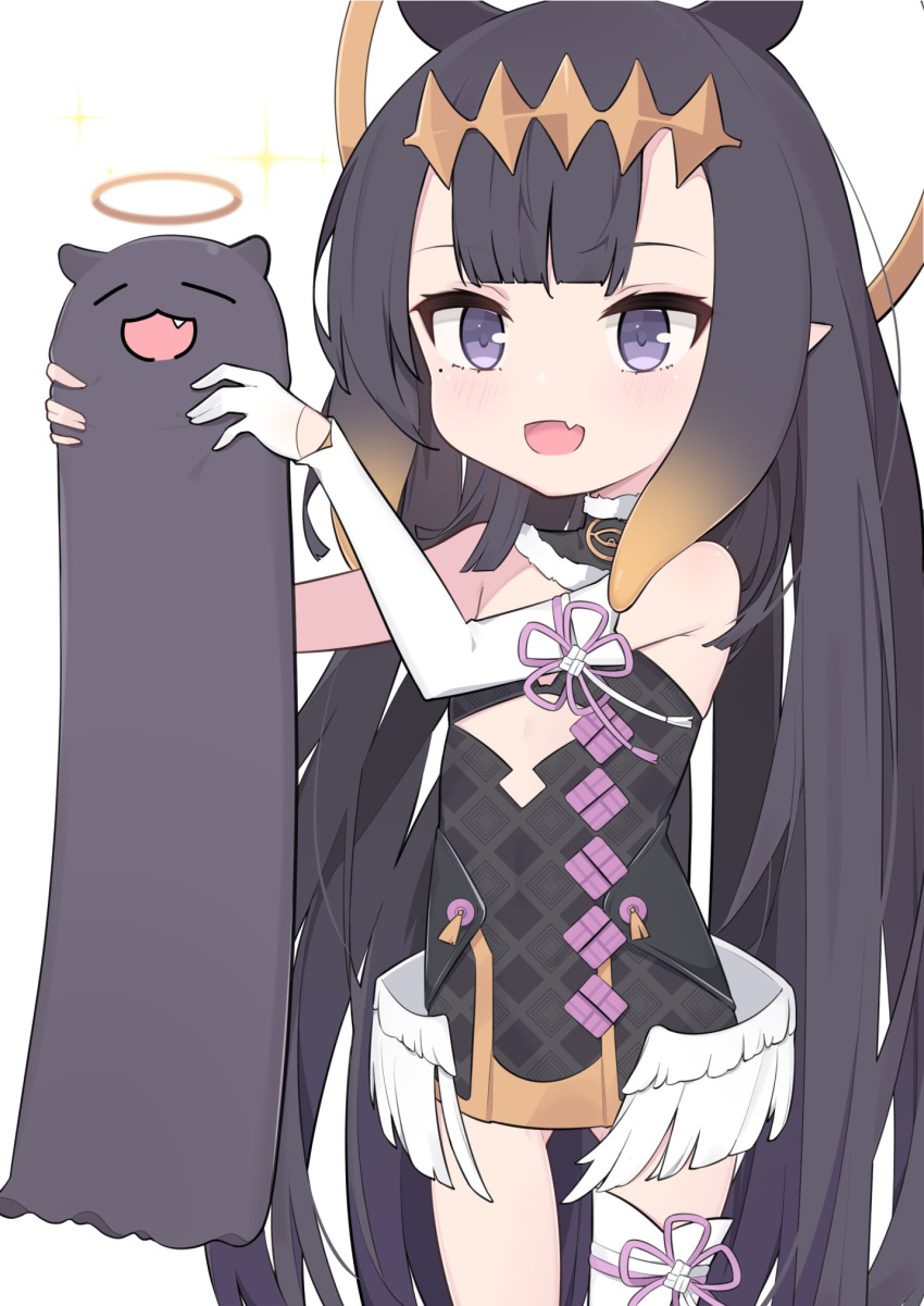 1girl :3 =_= bangs black_hair cp2980606 detached_sleeves fang flat_chest fur_choker gloves halo highres holding hololive hololive_english long_hair longcat meme ninomae_ina'nis open_mouth pointy_ears single_detached_sleeve single_glove single_thighhigh smile solo tako_(ninomae_ina'nis) thigh-highs violet_eyes white_background white_gloves wings younger