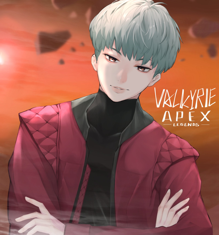 1girl apex_legends bangs black_shirt brown_eyes character_name collarbone copyright_name crossed_arms head_tilt highres jacket parted_lips red_jacket rito_(sonokotaeno) shirt short_hair skin_tight solo turtleneck valkyrie_(apex_legends)