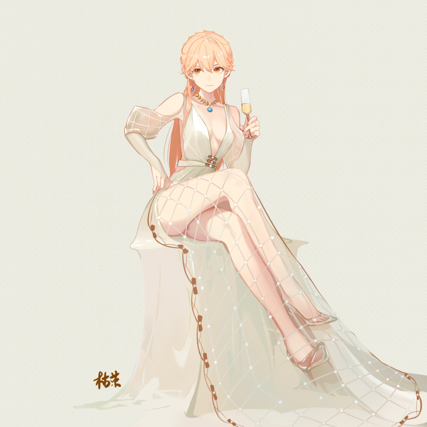 1girl artist_name bare_legs blonde_hair braid breasts closed_mouth collarbone crossed_legs cup dress drinking_glass earrings eyebrows_visible_through_hair french_braid girls_frontline hand_on_hip heart heart_earrings high_heels highres holding holding_cup jewelry ku_rong legs long_hair looking_away nail_polish necklace ots-14_(girls_frontline) red_nails simple_background sitting small_breasts solo white_dress wine_glass yellow_eyes