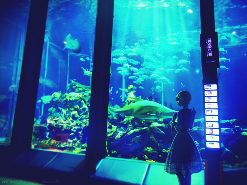 1girl anko_anko aquarium backlighting bag bare_shoulders commentary dress fish from_side glowing hand_on_glass handbag highres meiko photo-referenced plant scenery short_hair sleeveless sleeveless_dress solo standing stingray swordfish underground vocaloid wide_shot