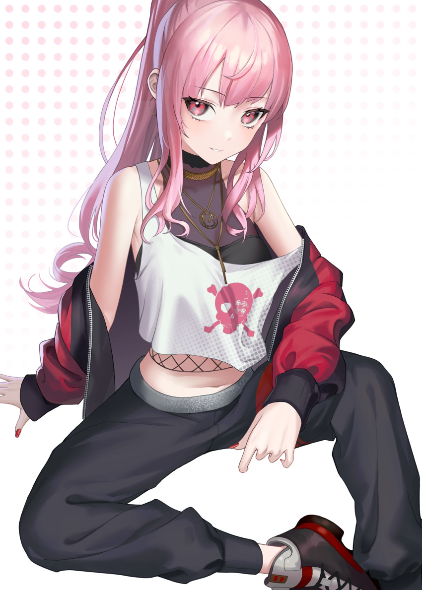 1girl alternate_costume bangs bare_shoulders black_footwear black_pants blush eyebrows_visible_through_hair highres hololive hololive_english jacket jewelry long_hair long_sleeves midriff mori_calliope navel necklace off_shoulder open_clothes open_jacket pants parted_lips pink_eyes pink_hair ponytail red_jacket shirt shoes sitting skull_print sleeveless sleeveless_shirt smile solo unzipped virtual_youtuber white_background white_shirt yaye