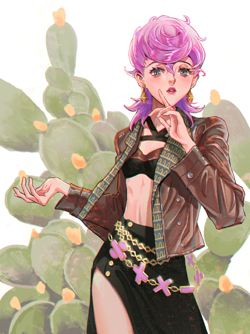 1girl black_skirt blush brown_jacket cactus cowboy_shot earrings green_eyes hands_up highres jacket jewelry jojo_no_kimyou_na_bouken long_sleeves looking_at_viewer medium_hair midriff parted_lips pink_hair skirt solo spider_ship trish_una vento_aureo white_background