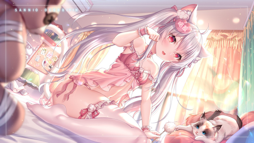 1girl ahoge animal animal_ears armpit_peek babydoll bare_shoulders bell breasts cat cat_ears choker jingle_bell lingerie long_hair looking_at_viewer navel no_shoes open_mouth original panties red_eyes sannio side-tie_panties silver_hair small_breasts solo stomach strap_slip string_panties thigh-highs thighs twintails underwear underwear_only white_legwear wrist_cuffs