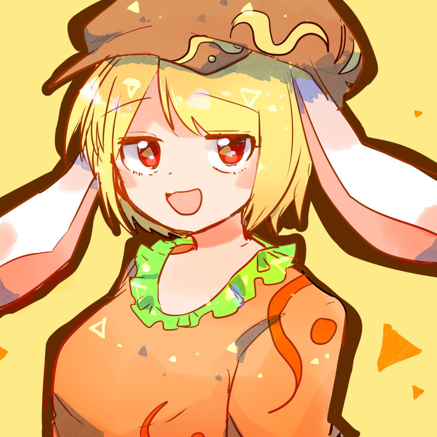 1girl :d animal_ears blonde_hair blush breasts brown_headwear brown_shirt cabbie_hat commentary_request floppy_ears hat highres jitome kujikimi large_breasts looking_at_viewer open_mouth rabbit_ears red_eyes ringo_(touhou) shirt short_hair simple_background smile solo touhou yellow_background