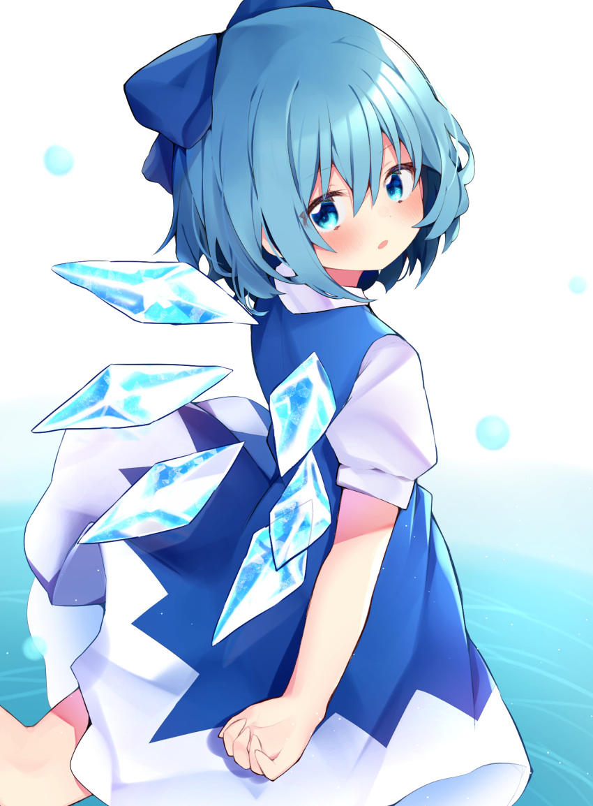 1girl :o bangs blue_bow blue_dress blue_eyes blue_hair blush bow cirno dress eringikinono eyebrows_visible_through_hair feet_out_of_frame hair_between_eyes hair_bow highres ice ice_wings looking_back parted_lips simple_background solo touhou water white_background wings
