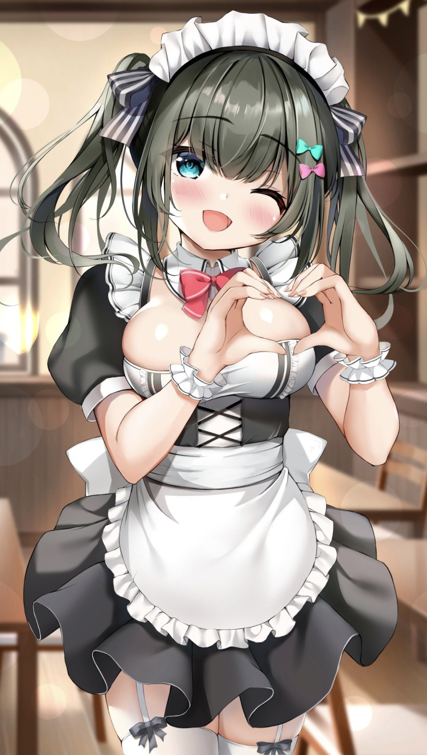 1girl ;d apron aqua_bow aqua_eyes bangs black_skirt blush bow bowtie breasts corset cowboy_shot eyebrows_visible_through_hair frilled_apron frills garter_straps green_hair hair_bow head_tilt heart heart_hands highres indoors large_breasts lens_flare looking_at_viewer mahiro_(mahiron1062) maid maid_headdress one_eye_closed open_mouth original pink_bow puffy_short_sleeves puffy_sleeves red_bow red_neckwear short_hair short_sleeves short_twintails skirt smile solo table thigh-highs twintails underbust white_apron white_legwear wrist_cuffs zettai_ryouiki