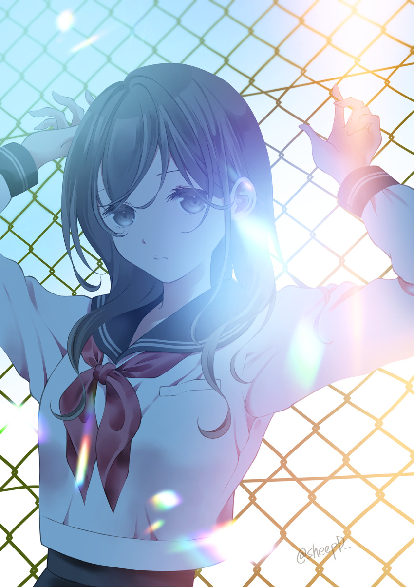 1girl arms_up backlighting black_hair black_sailor_collar black_skirt brown_eyes chain-link_fence commentary_request fence highres long_hair long_sleeves looking_at_viewer neckerchief original outdoors parted_lips red_neckwear sailor_collar school_uniform serafuku sheepd shirt signature skirt solo sunset white_shirt