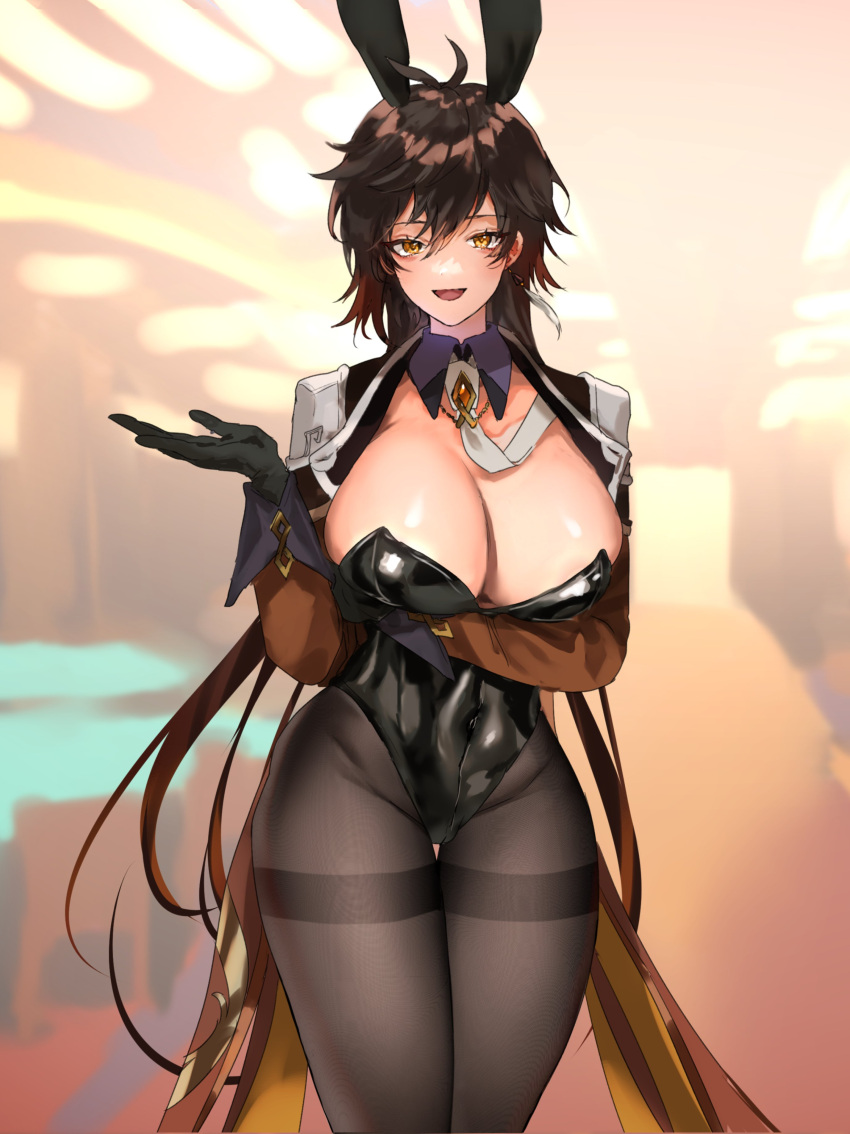 1girl absurdres animal_ears arm_under_breasts bangs black_gloves black_legwear blurry blurry_background breasts brown_hair coattails commentary_request covered_navel detached_collar earrings eyebrows_visible_through_hair fake_animal_ears genderswap genderswap_(mtf) genshin_impact gloves gradient_hair hair_between_eyes highres huge_breasts jacket jewelry leotard long_hair long_sleeves multicolored_hair necktie open_clothes open_jacket open_mouth orange_hair pantyhose playboy_bunny ponytail rabbit_ears shiny shiny_clothes shiny_skin single_earring smile solo strapless strapless_leotard tassel tassel_earrings wing_collar yavalley yellow_eyes zhongli_(genshin_impact)