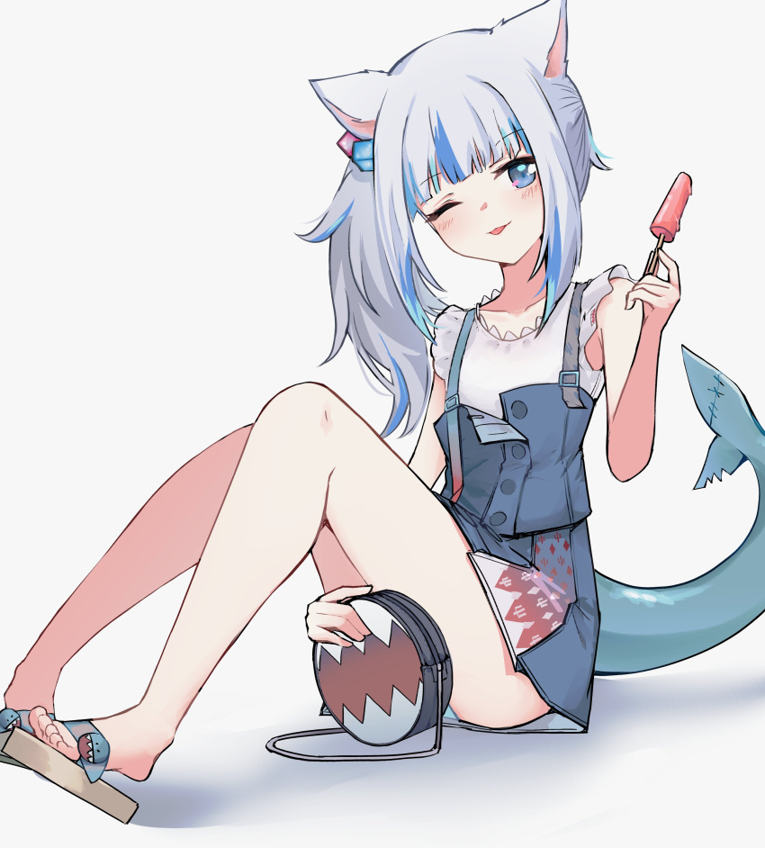 1girl absurdres animal_ears bangs blue_eyes blue_hair blush cat_ears fish_tail food gawr_gura hair_ornament highres hololive hololive_english looking_at_viewer lyrinne multicolored_hair open_mouth popsicle shark_tail silver_hair smile solo streaked_hair tail tongue tongue_out virtual_youtuber