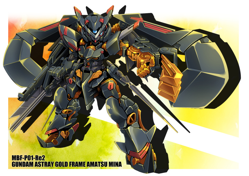 character_name chibi clenched_hand gun gundam gundam_astray_gold_frame_amatsu_mina_custom gundam_seed gundam_seed_astray highres holding holding_gun holding_weapon looking_at_viewer mecha mobile_suit no_humans science_fiction sibelurabbi solo v-fin weapon