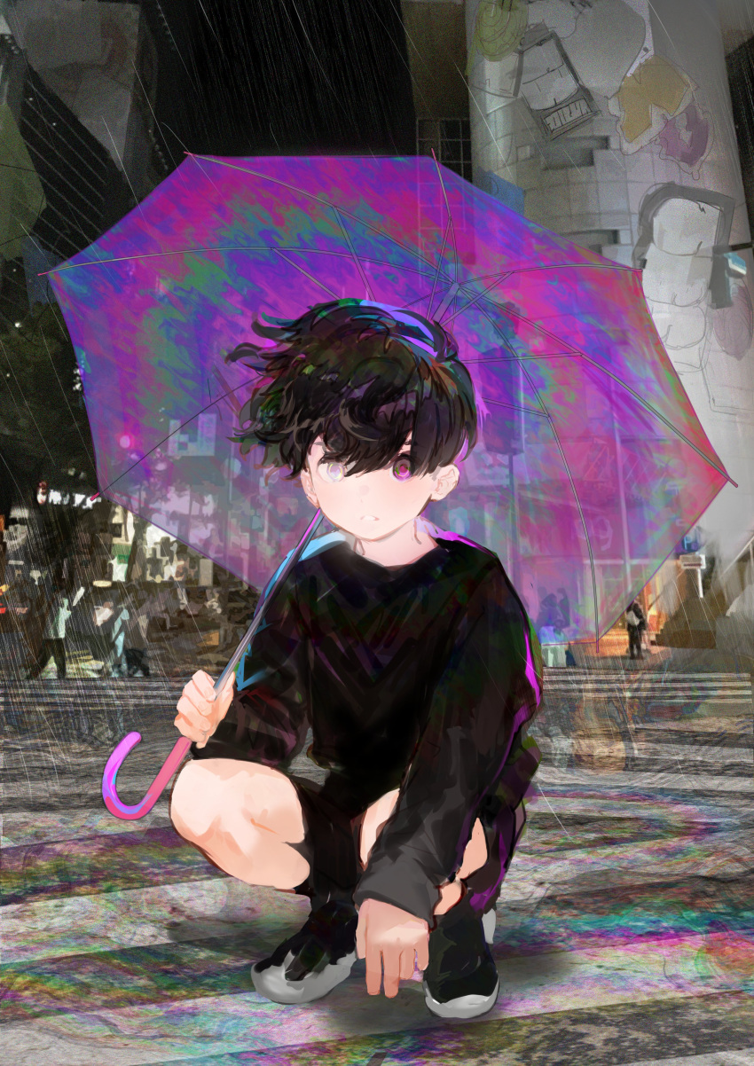 1boy absurdres black_footwear black_hair black_shirt black_shorts crosswalk heterochromia highres iridescent long_sleeves looking_at_viewer muraichi original outdoors parted_lips rain reflection shirt shoes short_hair shorts solo squatting transparent transparent_umbrella umbrella violet_eyes white_eyes