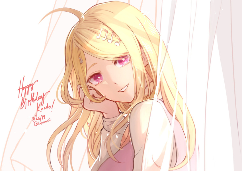 ahoge akamatsu_kaede artist_name bangs beamed_eighth_notes blonde_hair character_name dangan_ronpa_(series) dangan_ronpa_v3:_killing_harmony dated eighth_note from_side hair_ornament hakamii hand_up happy_birthday head_tilt highres long_hair long_sleeves looking_at_viewer looking_to_the_side musical_note musical_note_hair_ornament pink_eyes pink_vest shirt smile solo sweater_vest teeth upper_body vest