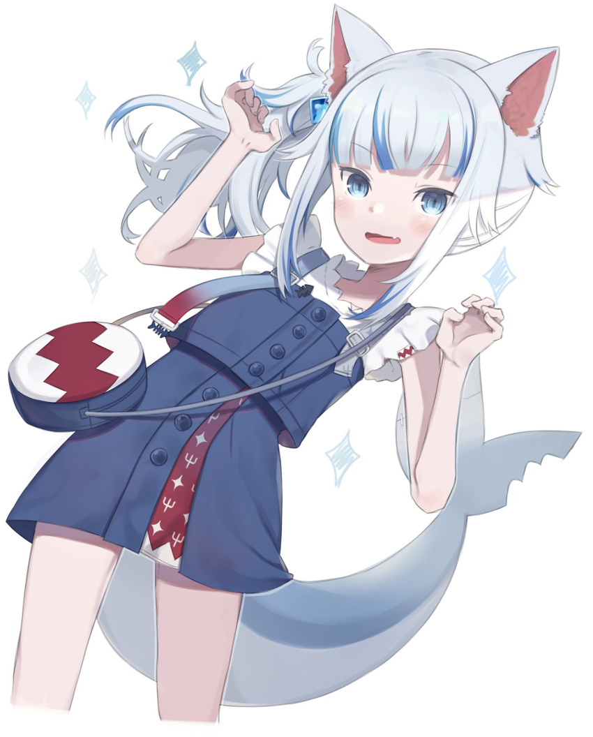 1girl animal_ears blue_dress blue_eyes blue_hair cat_ears commentary_request dress fang fish_tail gawr_gura grey_hair hands_up highres hololive hololive_english looking_at_viewer multicolored_hair open_mouth revision shark_tail shirt side_ponytail simple_background sleeveless sleeveless_dress sleeveless_shirt solo sparkle streaked_hair tail totatokeke virtual_youtuber white_background white_shirt