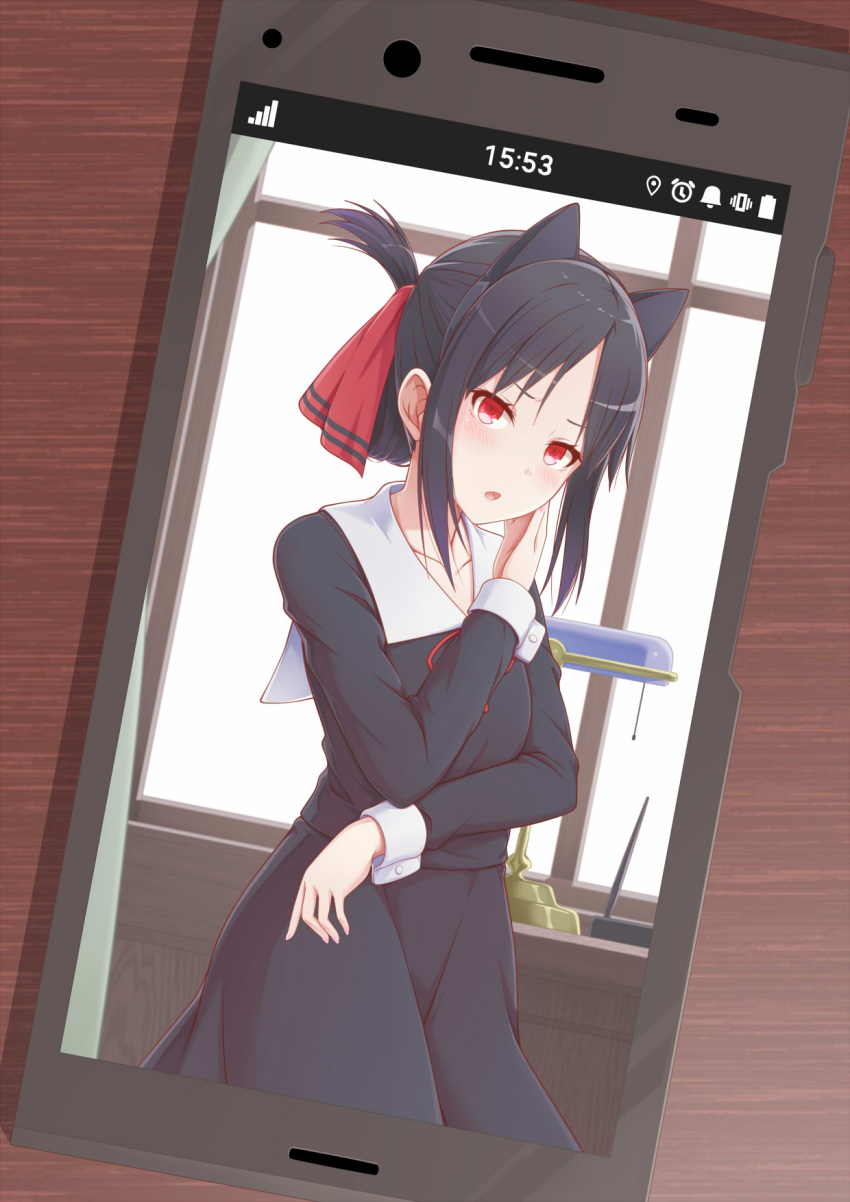 1girl :o animal_ears bangs black_dress black_hair blush breasts cat_ears cellphone collarbone collared_dress commentary_request cowboy_shot curtains dress eyebrows_visible_through_hair fake_animal_ears folded_ponytail hair_ornament hair_ribbon highres holding indoors kaguya-sama_wa_kokurasetai_~tensai-tachi_no_renai_zunousen~ long_sleeves looking_at_viewer nose_blush open_mouth parted_bangs phone ponytail red_eyes red_ribbon ribbon school_uniform shinomiya_kaguya short_hair sidelocks small_breasts solo timestamp yoruusagi