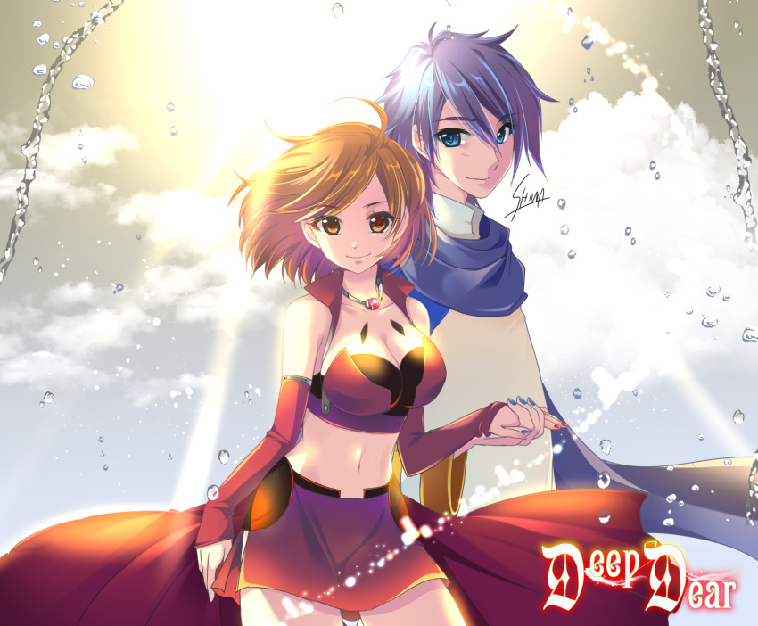 1boy 1girl backlighting black_bra blue_eyes blue_hair blue_nails blue_scarf bra breasts brown_eyes brown_hair child-box clouds coat collarbone commentary contrapposto cowboy_shot crop_top detached_sleeves grey_sky highres holding_hands jacket jewelry kaito looking_at_viewer medium_breasts meiko midriff miniskirt nail_polish navel necklace red_jacket red_nails red_skirt red_sleeves scarf short_hair signature skirt smile song_name sun sunlight underwear vocaloid water_drop white_coat