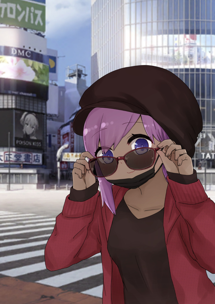 1girl black_headwear black_shirt blurry blurry_background brown-framed_eyewear cabbie_hat closed_mouth collarbone dark_skin dark-skinned_female day depth_of_field eyes_visible_through_hair eyewear_pull fate/prototype fate/prototype:_fragments_of_blue_and_silver fate_(series) hands_up hassan_of_serenity_(fate) hat highres i.u.y jacket long_sleeves looking_at_viewer open_clothes open_jacket outdoors pulled_by_self purple_hair red_jacket shirt sleeves_past_wrists smile solo sunglasses violet_eyes