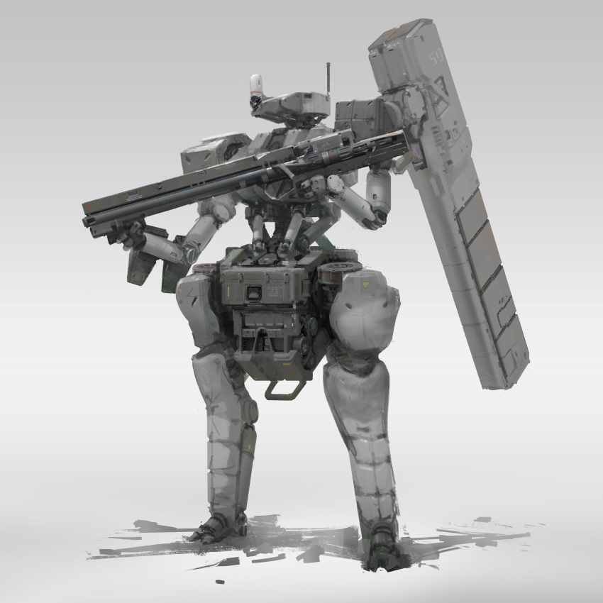 absurdres english_commentary grey_background gun highres holding holding_gun holding_weapon looking_to_the_side mecha missile_pod original piston prog_(progwwww) science_fiction solo standing weapon