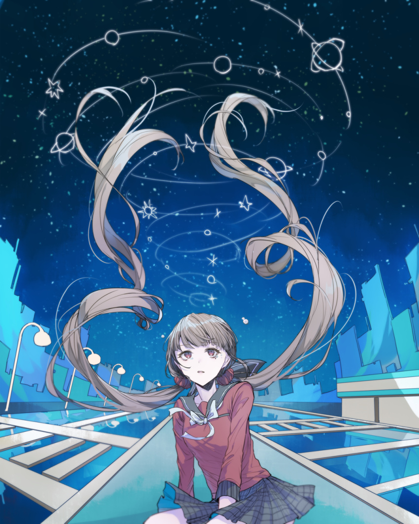 1girl bangs blunt_bangs brown_hair commentary_request dangan_ronpa_(series) dangan_ronpa_v3:_killing_harmony floating_hair goto_(sep) hair_ornament hair_scrunchie harukawa_maki highres kneeling long_hair long_sleeves looking_up low_twintails mole mole_under_eye night night_sky outdoors pale_skin plaid plaid_skirt pleated_skirt red_eyes red_scrunchie red_shirt school_uniform scrunchie serafuku shirt skirt sky solo star_(sky) star_(symbol) starry_sky twintails