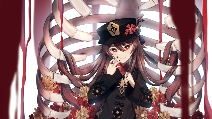 1girl bangs black_headwear black_nails black_shirt blood brown_hair chinese_clothes commentary eyebrows_visible_through_hair fingernails flower flower-shaped_pupils genshin_impact hair_between_eyes hand_on_own_face hat hat_flower highres hu_tao jewelry long_hair long_sleeves looking_at_viewer multiple_rings nail_polish red_eyes red_flower ring rktsm shirt skeleton solo upper_body very_long_hair wide_sleeves yellow_flower