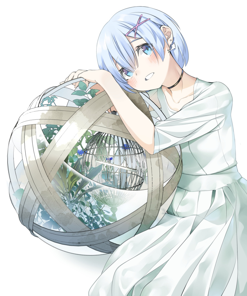 1girl alternate_costume ball bangs black_choker blue_eyes blue_flower blue_hair blush cage choker collarbone commentary dress earrings flower grin hair_ornament hairclip highres jewelry leaning_to_the_side looking_at_viewer plant re:zero_kara_hajimeru_isekai_seikatsu rem_(re:zero) short_hair simple_background sitting slumcat smile solo white_background white_dress x_hair_ornament