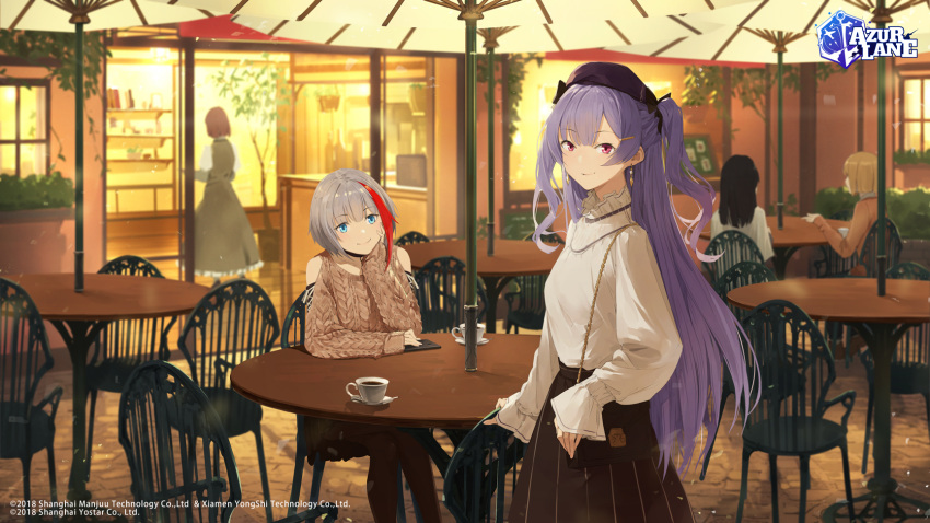 2girls admiral_graf_spee_(azur_lane) admiral_graf_spee_(daily_peaceful_life)_(azur_lane) ajax_(azur_lane) ajax_(valentine's_reward?)_(azur_lane) aran_sweater asymmetrical_hair azur_lane bag black_headwear black_legwear black_skirt blue_eyes breasts brown_sweater cafe cellphone chair closed_mouth clothing_cutout collar commentary cowboy_shot cup english_commentary eyebrows_visible_through_hair frilled_collar frills hand_on_own_cheek hand_on_own_face handbag hat highres logo long_hair long_sleeves looking_at_viewer medium_breasts multicolored_hair multiple_girls official_alternate_costume official_art outdoors pantyhose patio_umbrella phone purple_hair redhead second-party_source shirt shirt_tucked_in short_hair shoulder_cutout silver_hair sitting skirt sleeves_past_wrists smartphone smile somehira_katsu standing storefront straight_hair streaked_hair striped sweater table teacup two-tone_hair two_side_up vertical-striped_skirt vertical_stripes violet_eyes watermark white_shirt