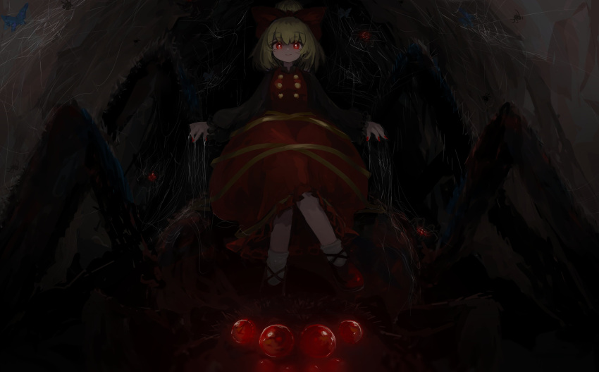 1girl absurdres arthropod_legs blonde_hair bow brown_bow brown_dress bug butterfly closed_mouth dress glowing glowing_eyes highres horror_(theme) ichinose_(kurui96) insect kurodani_yamame looking_at_viewer red_eyes short_hair silk smile solo spider spider_web touhou