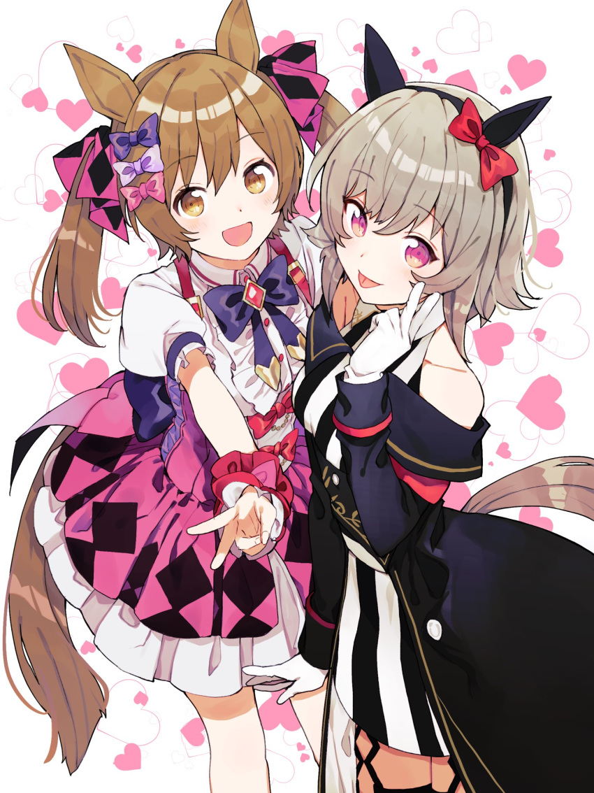 2girls animal_ears bare_shoulders black_jacket blush bow brown_eyes brown_hair curren_chan_(umamusume) dress eyebrows_visible_through_hair gloves hair_between_eyes hair_bow heart highres horse_ears horse_girl horse_tail jacket kurodeko long_hair long_sleeves looking_at_viewer multiple_girls off-shoulder_jacket open_mouth pink_bow purple_bow short_hair short_sleeves silver_hair smart_falcon_(umamusume) smile striped tail tongue tongue_out twintails umamusume v vertical-striped_dress vertical_stripes violet_eyes white_dress white_gloves