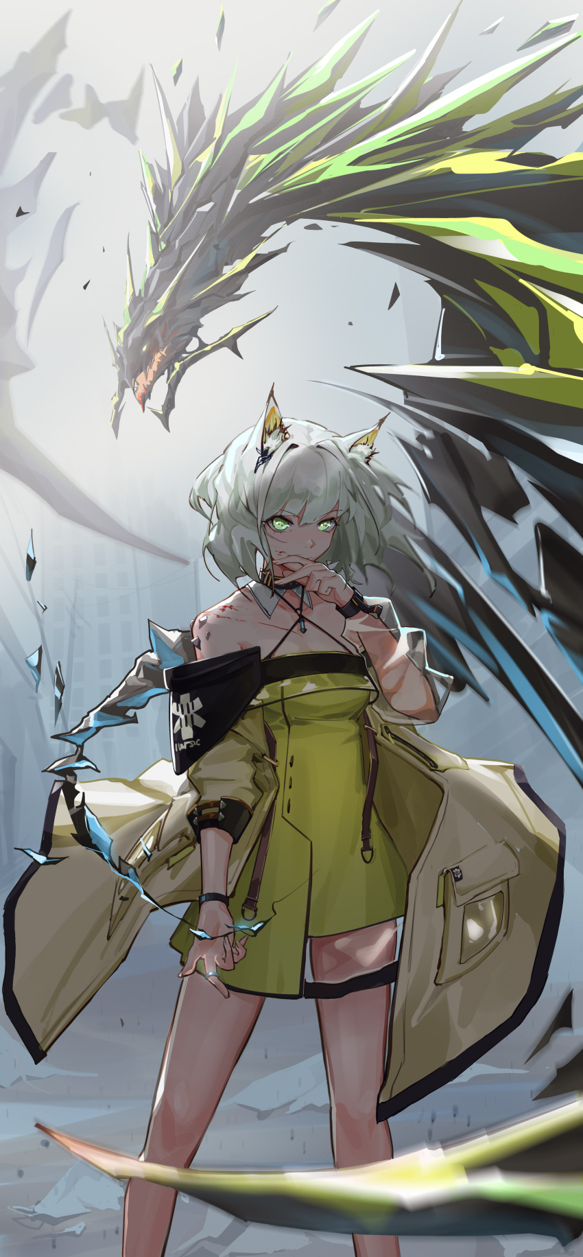 1girl absurdres animal_ear_fluff animal_ears arknights bangs bare_shoulders blood cat_ears commentary_request dragon dress eyebrows_visible_through_hair green_dress green_eyes highres jacket kal'tsit_(arknights) piao_miao short_hair silver_hair solo