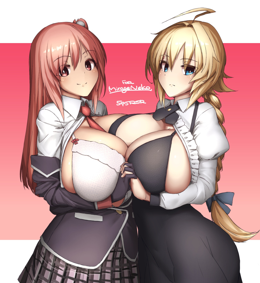 asymmetrical_docking bangs black_dress blazblue blazer blonde_hair blue_bow blue_eyes bow braid breast_press breasts breasts_outside brown_eyes collared_shirt commission crossover dead_or_alive dress es_(xblaze) frown hair_bow highres holding_hands honoka_(doa) huge_breasts jacket juliet_sleeves long_hair long_sleeves pink_hair plaid plaid_skirt puffy_sleeves purple_jacket shirt side_bun skeb_commission skirt smile white_shirt xblaze xblaze_code:_embryo xyv_1