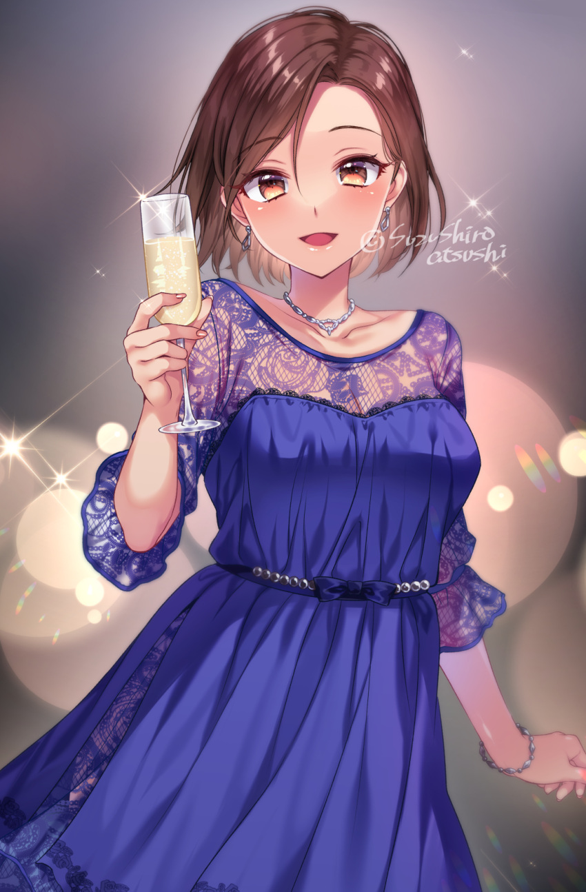 1girl arm_at_side blue_dress blurry blurry_background blush bracelet breasts brown_eyes brown_hair collarbone commentary commission cowboy_shot cup diamond_earrings dress drinking_glass earrings eyelashes fingernails floral_print forehead formal grey_background hand_up highres holding holding_cup idolmaster idolmaster_cinderella_girls jewelry long_dress looking_at_viewer medium_breasts mizuki_seira necklace open_mouth short_hair simple_background skeb_commission smile solo sparkle standing suzushiro_atsushi twitter_username