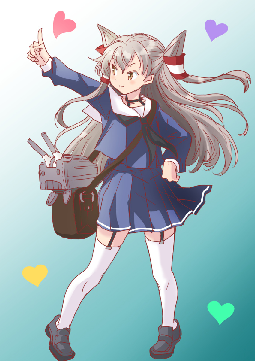 1girl alternate_costume amatsukaze_(kancolle) black_neckwear blue_background blue_serafuku blue_shirt blue_skirt brown_eyes commentary_request fuji_(pixiv24804665) full_body garter_straps gradient gradient_background hair_tubes heart highres index_finger_raised kantai_collection long_hair neckerchief pleated_skirt rensouhou-kun shirt silver_hair skirt solo thigh-highs two_side_up white_background white_legwear windsock