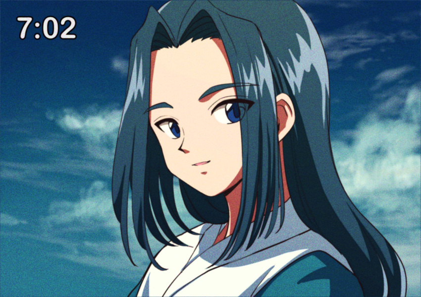 1990s_(style) 1boy black_hair blue_eyes blue_sky clouds cloudy_sky eyebrows_visible_through_hair highres kisumi_rei long_hair parted_lips portrait retro_artstyle shadow sidelocks sky smile solo the_legend_of_luo_xiaohei wuxian_(the_legend_of_luoxiaohei)