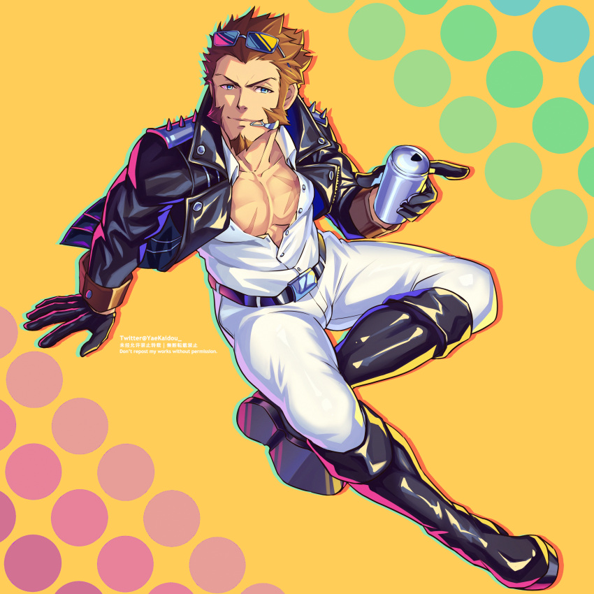 1boy absurdres alternate_costume blue_eyes brown_hair eyewear_on_head facial_hair fate/grand_order fate_(series) from_above full_body goatee highres jacket leather leather_jacket long_sideburns looking_at_viewer male_cleavage male_focus mature_male muscular muscular_male napoleon_bonaparte_(fate) pants partially_unbuttoned pectorals scar scar_on_chest short_hair sideburns solo sunglasses tight tight_pants white_pants yaosan233