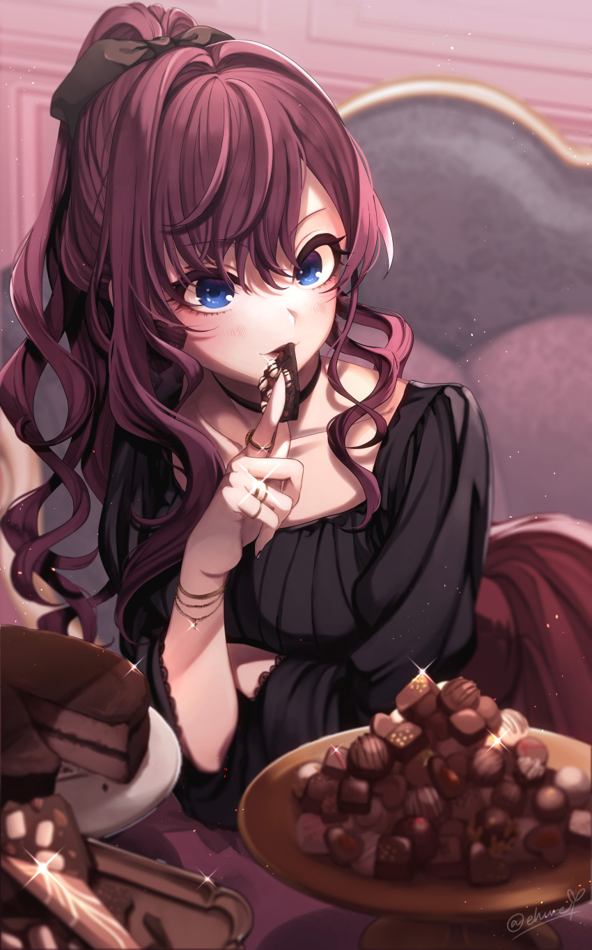 1girl absurdres black_ribbon black_shirt blue_eyes blush brown_hair cake candy chocolate chocolate_cake chocolate_heart commentary_request eating food hair_between_eyes hair_ribbon happy_valentine heart highres holding holding_chocolate holding_food ichinose_shiki idolmaster idolmaster_cinderella_girls leaning_forward leaning_on_table long_hair looking_at_viewer mixed-language_commentary nail_polish ponytail red_skirt ribbon shirt skirt solo valentine wavy_hair yanato_(e-huxe)