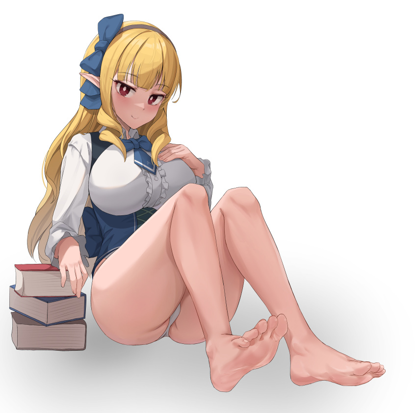 1girl absurdres bare_legs barefoot blonde_hair book breasts feet full_body hair_ribbon highres long_hair looking_at_viewer medium_breasts necktie no_shoes original panties pharamacom red_eyes ribbon shirt smile soles underwear white_panties white_shirt